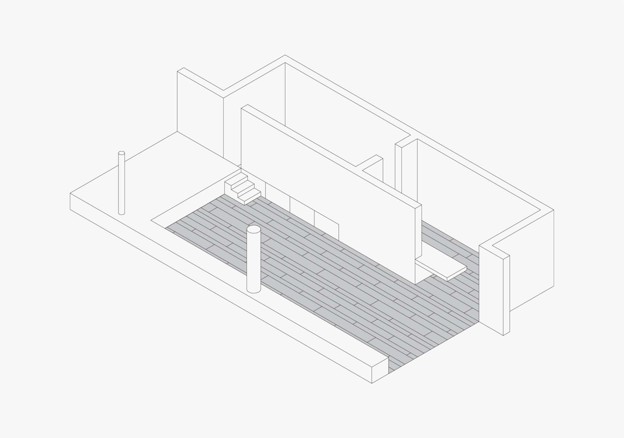 Plano de la configuración de pavimento de madera para interiores Parklex Prodema en la cocina y salón de la casa rural Landaburu Borda, de Jordi Hidalgo Tané