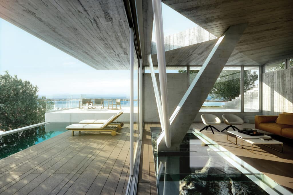 Tarima exterior Parklex Prodema instalada en una residencia de Roses, diseñada por el arquitecto Jordi Hidalgo i Tané.
