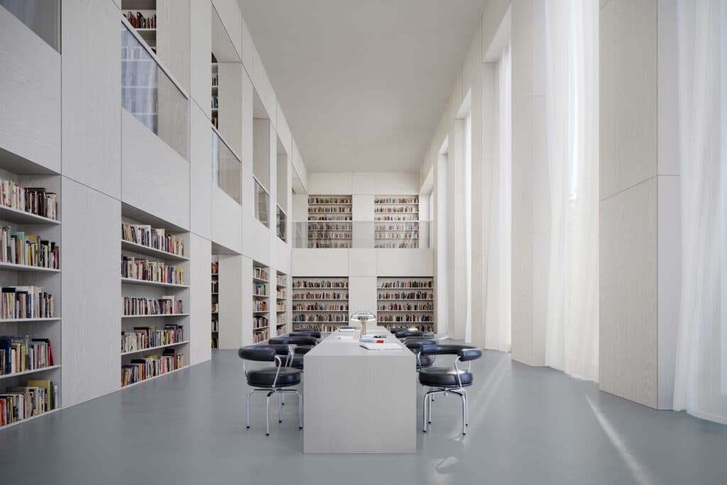 Revestimiento interior Parklex Prodema resistente al desgaste e ignífugo con textura de madera natural en acabado White, para espacios de alto tránsito sin necesidad de mantenimiento.