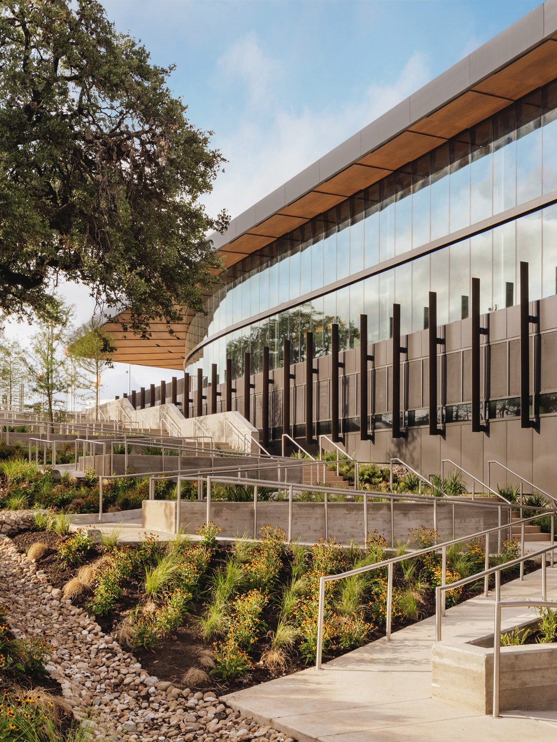 Natural wood curved soffit at Moody Center University of Texas Austin