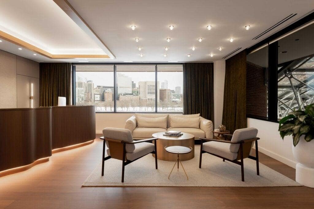 B-Flexion offices, designed by Visnick & Caulfield Associates, where American walnut panels from Parklex Prodema